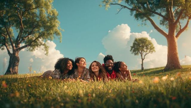Friends relaxing on meadow hillside laughing and chatting on sunny grass