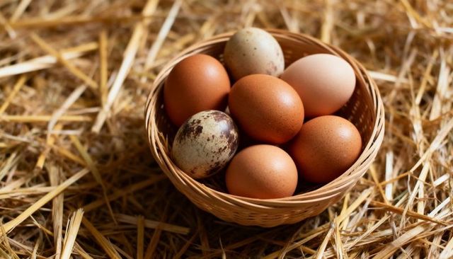 Wicker basket holding fresh brown and speckled eggs on straw rustic farm closeup