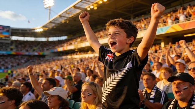 Cheering young fan raising arms in black silver fern jersey at sunlit stadium crowd