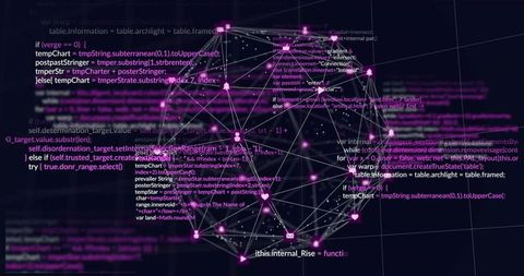 Neon Network Graph Visualizing Data Links and Code in Virtual Grid with Glowing Nodes