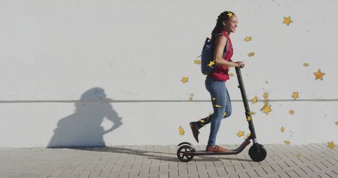 Young Woman Riding Electric Scooter with Stars Overlay