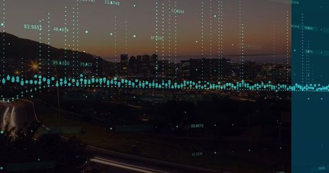 Cityscape at Dusk with Futuristic Digital Data Overlay