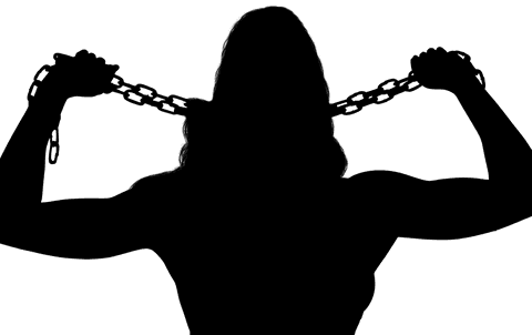 Silhouette of woman holding chains on transparent background