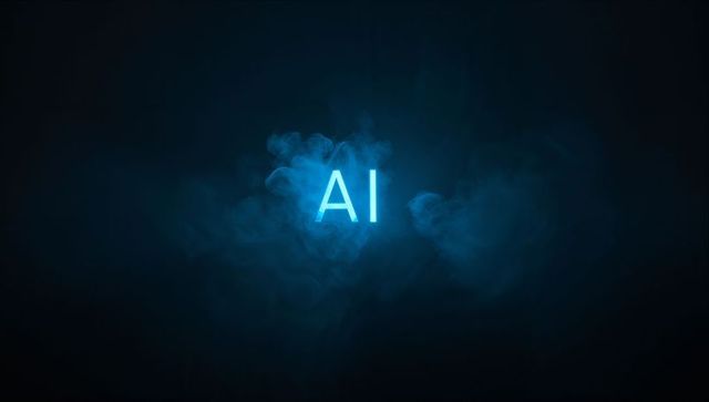 Glowing cyan ai letters emerging from misty blue fog in dark futuristic void neon typography