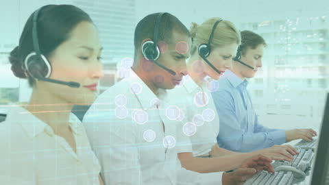 Customer Support Team Using Headsets with Digital Overlay