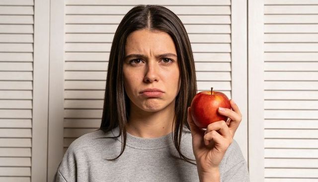 Young woman holding red apple and frowning while standing before louvered closet panels