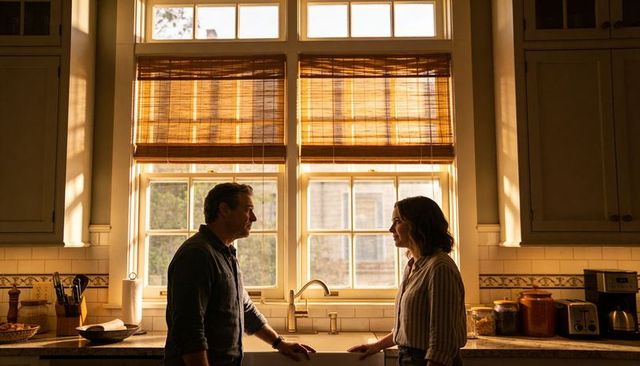 Couple talking at kitchen sink backlit by sunlight through bamboo blinds