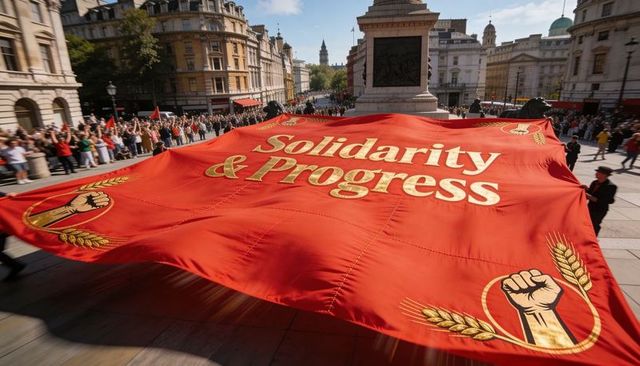 Giant red solidarity banner bearing gold 'solidarity & progress' over crowded neoclassical plaza