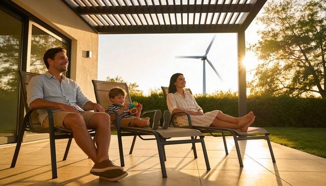 Family relaxing on patio loungers at sunset with wind turbine and pergola