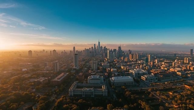 Golden Hour Aerial View Downtown Skyline with Skyscrapers, Grid Streets, Horizon