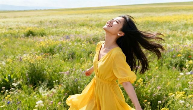Carefree woman in flowing yellow dress twirling through sunlit wildflower meadow