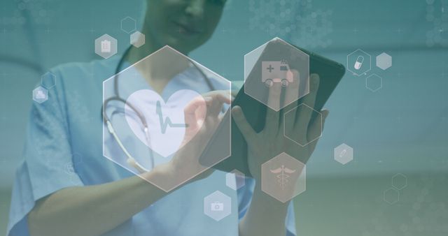 Image of medical icons over female doctor using tablet. global connections, technology and healthcare services concept digitally generated image.