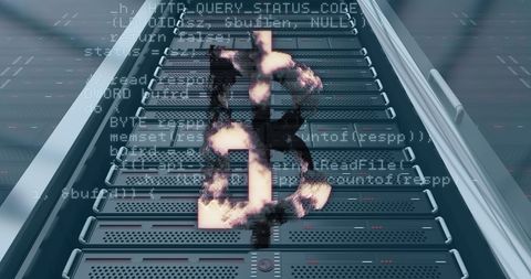 Glowing Bitcoin Symbol Overlaying Server Room with Digital Code