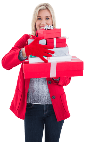 Festive Blonde Carrying Pile of Transparent Gift Boxes in Red Attire
