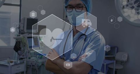 Confident surgeon standing with arms crossed in high-tech operating room hud overlay