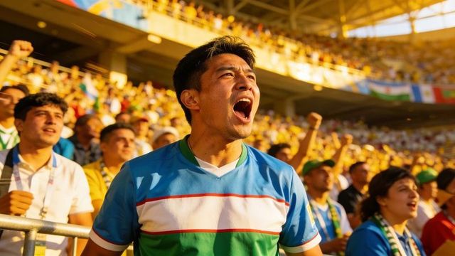 Passionate asian fan cheering in sunlit stadium wearing striped jersey celebrating crowd