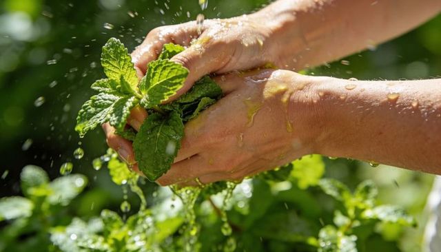 Rinsing and squeezing fresh garden mint in sunlight with water droplets