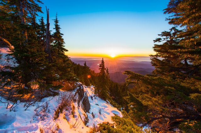 The vibrant sunrise casts a warm glow over a snow-covered mountain landscape framed by evergreen trees. Perfect for travel blogs, nature calendars, scenic posters, eco-tourism promotions, and winter adventure campaigns.