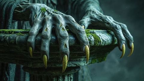 Eerie demonic clawed hands gripping ancient moss-covered altar