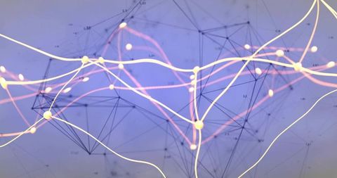 Flowing Neural Network with Glowing Nodes and Neon Light Trails on Violet Gradient