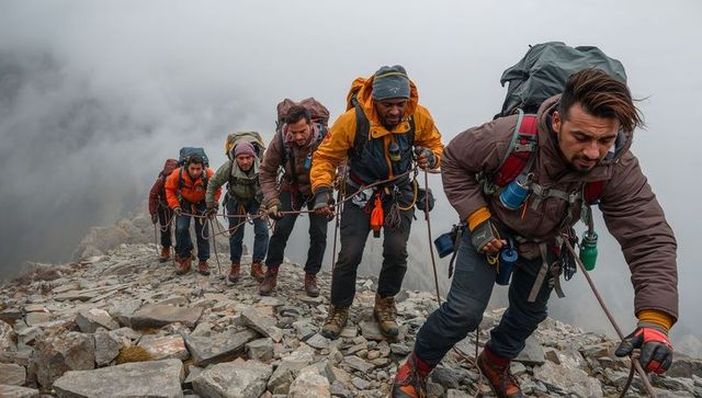 Roped mountaineering team ascending foggy alpine ridge carrying backpacks and harnesses