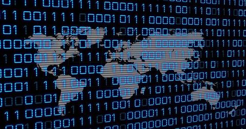 Global digital network streaming over binary code grid with neon scanlines and world map