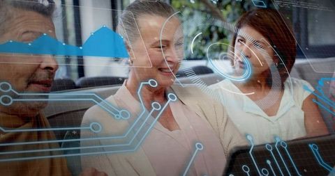 Multigenerational family sharing tablet while interacting with futuristic hud overlay