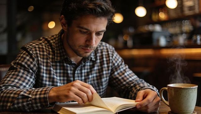 Man reading paperback in cozy cafe with steaming coffee mug and evening bokeh lights