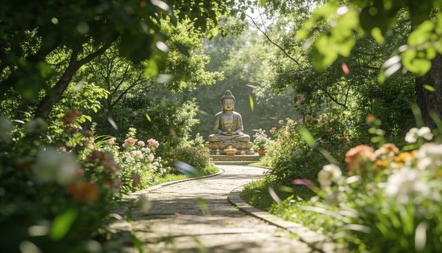 Sunlit buddha sitting on pedestal at end of winding garden path surrounded by flowers