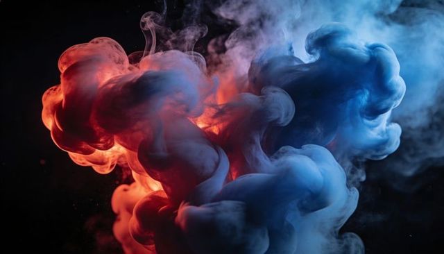 Swirling Red-Orange and Blue Ink Clouds Mixing in Dramatic Duotone Smoke with Neon Backlit