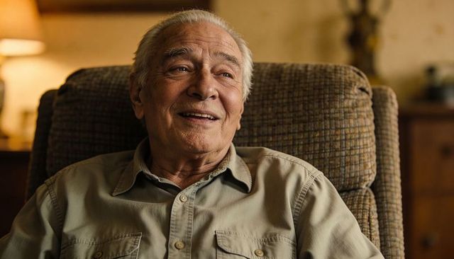 Senior man smiling while relaxing in recliner in cozy warm living room, lifestyle portrait