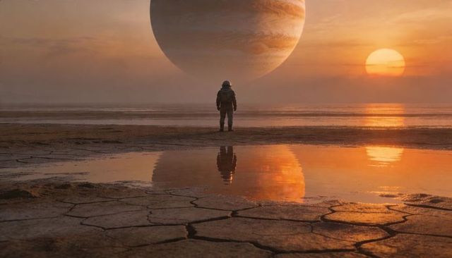 Astronaut standing on cracked saltflat at golden sunset with looming gas giant on horizon