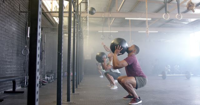 Group of Men Performing Wall Ball Exercise in CrossFit Gym - Download Free Stock Images Pikwizard.com