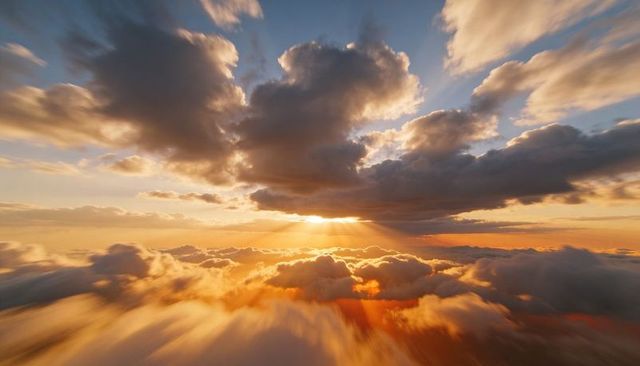 Sunbeams piercing dramatic cumulus cloudscape at golden sunset above soft clouds