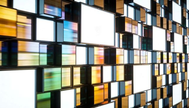 Modular illuminated wall featuring staggered led grid and reflective glass panels for exhibitions