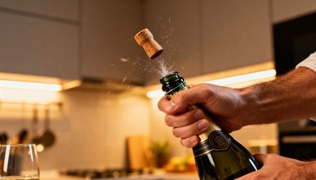 Hands popping champagne cork in modern kitchen celebrating with sparkling wine