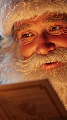 Vertical video of senior man in Santa hat reading ornate manuscript by cozy hearth light
