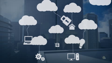 Cloud Computing Technology with Urban Skyscrapers Background