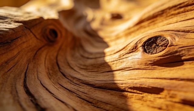 Sunlit weathered wood grain showing curved groove and prominent knot close-up macro texture