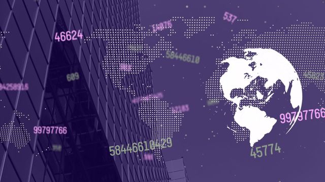 Visualizing global networking and data processing concepts with a striking overlay of a digitally generated world map, floating numerical data, and a skyscraper in the background. Suitable for illustrating concepts related to global business, technology, digital information, connectivity, IT infrastructure, and business reports.