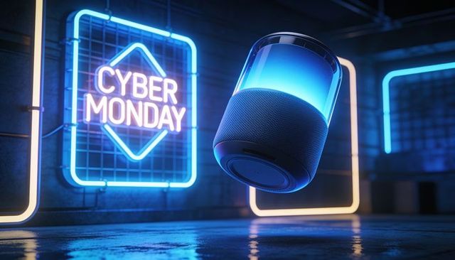 Floating smart speaker glowing neon for cyber monday sale, futuristic blue tech promotion