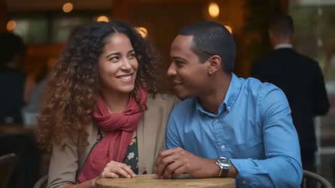 Couple sharing first smile and laughing at cozy cafe, leaning in and showing watch