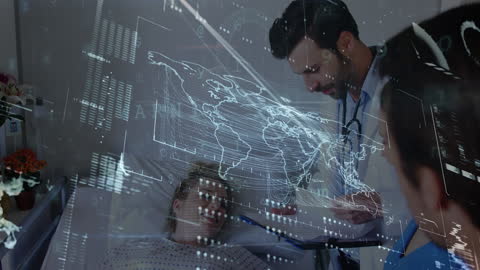 Healthcare Professionals Discussing with Patient and Digital World Map Overlay