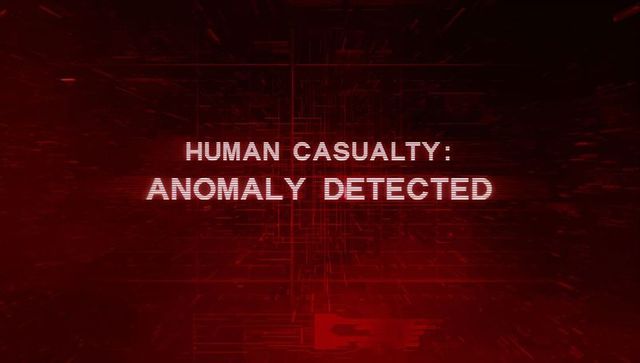 Red cyberpunk warning displaying human casualty: anomaly detected on futuristic hud