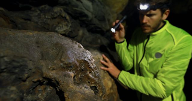 Explorer Studying Rock Formation Inside Cave with Flashlight - Download Free Stock Images Pikwizard.com