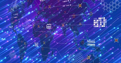 Neon Global Network Map Visualizing Data Flows, Nodes and Geospatial Connections