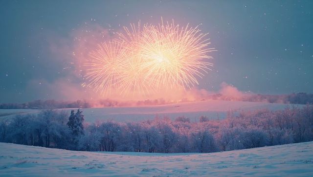 Winter fireworks illuminating snowy landscape at dusk