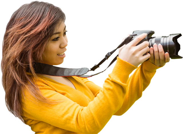 Side View of Young Female Photographer Capturing Moments in Park, Transparent Background - Download Free Stock Videos Pikwizard.com