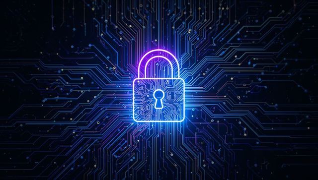 Neon Padlock Icon Symbolizing Advanced Cybersecurity on Digital Circuit Board