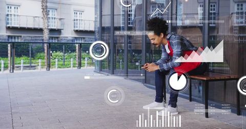 Young barista checking smartphone with augmented reality analytics outside cafe bench